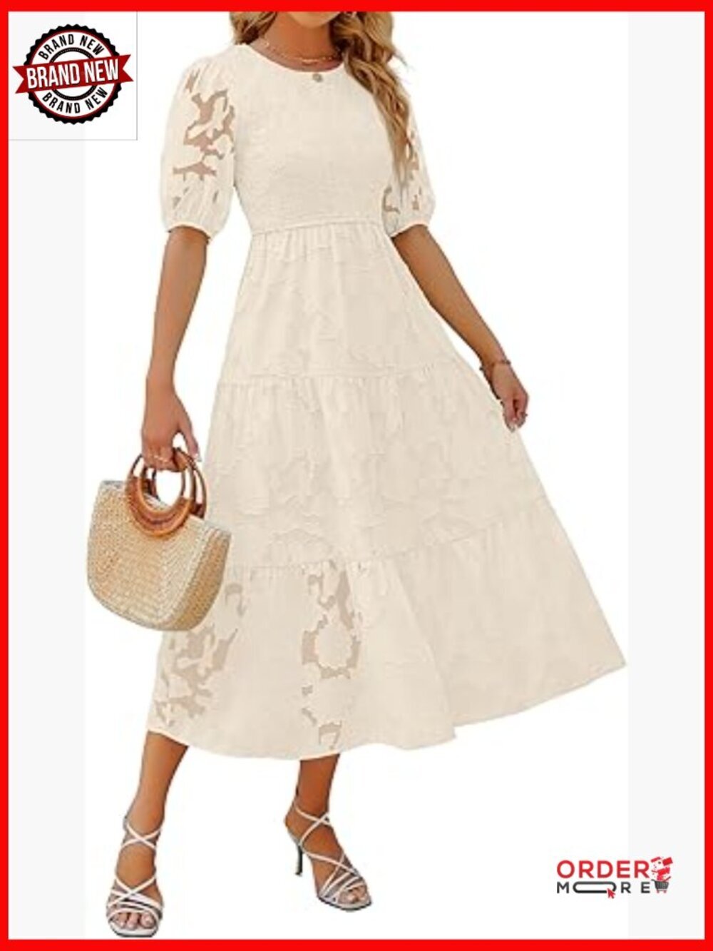 Smocked Floral Lace Puff Sleeve A-Line Maxi Dress